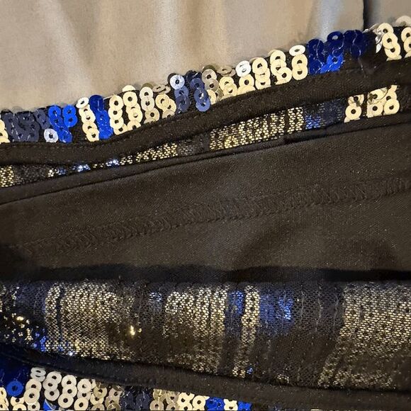 Lulu's Dazzle You Gold and Blue Striped Sequin Mini Skirt Back Zip Size Small - Picture 6 of 11